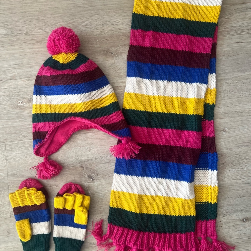 Mini Boden Multicolored Striped Mittens, Hat, and Scarf Set